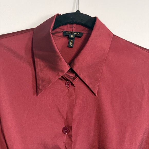 Escada Port Maroon Shimmer Stretch Button Down Blouse Crystal Buttons  38 (US 8) - Picture 4 of 14